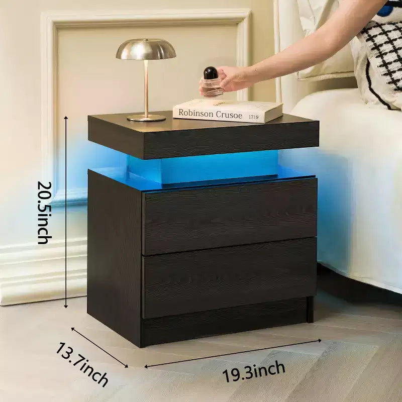 Table de chevet moderne avec 2 tiroirs – Table de chevet en grain de bois noir