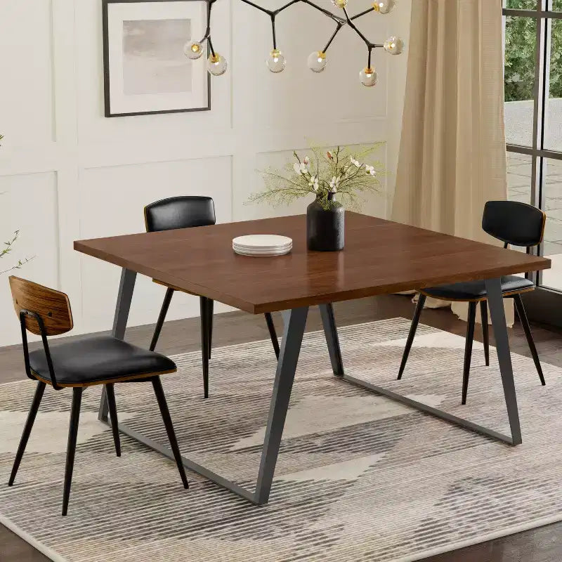 Table à manger industrielle moderne carrée de 54 po – Placage de noyer et pieds en métal gris graphite