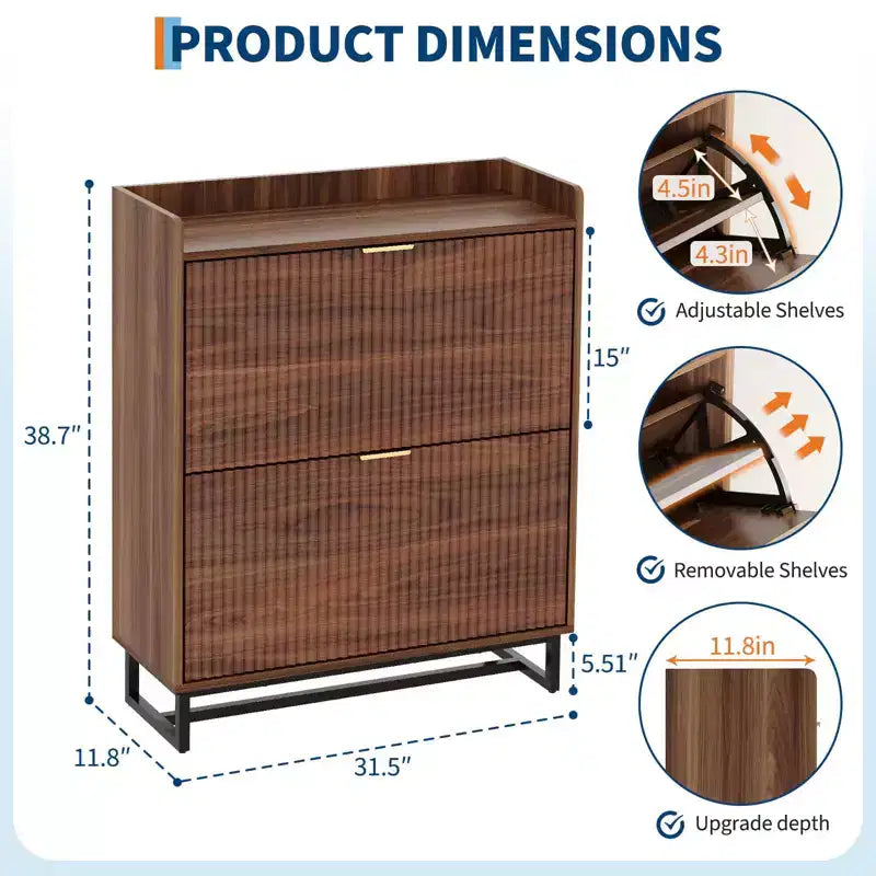 Meuble à chaussures étroit – 2 tiroirs basculants, fixation murale, noyer, capacité 12-16 paires