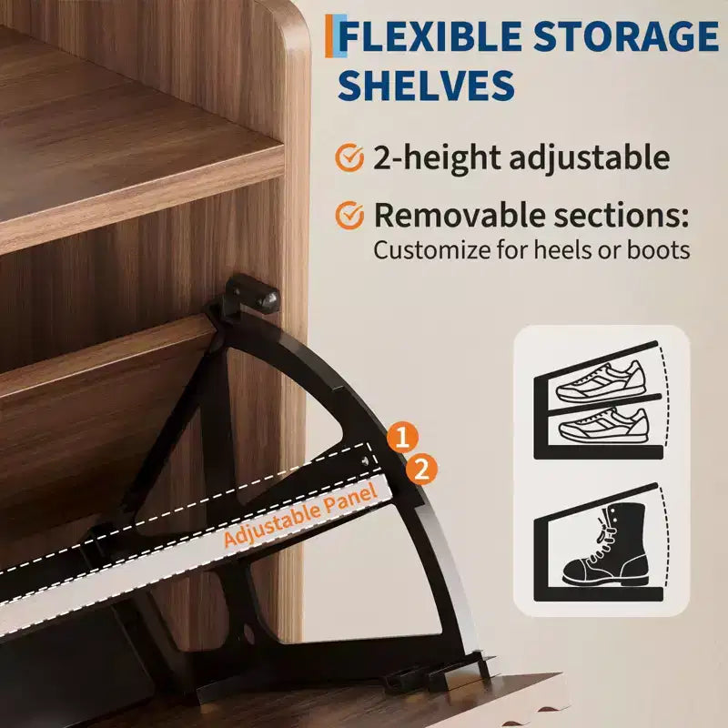 Meuble à chaussures étroit – 2 tiroirs basculants, fixation murale, noyer, capacité 12-16 paires