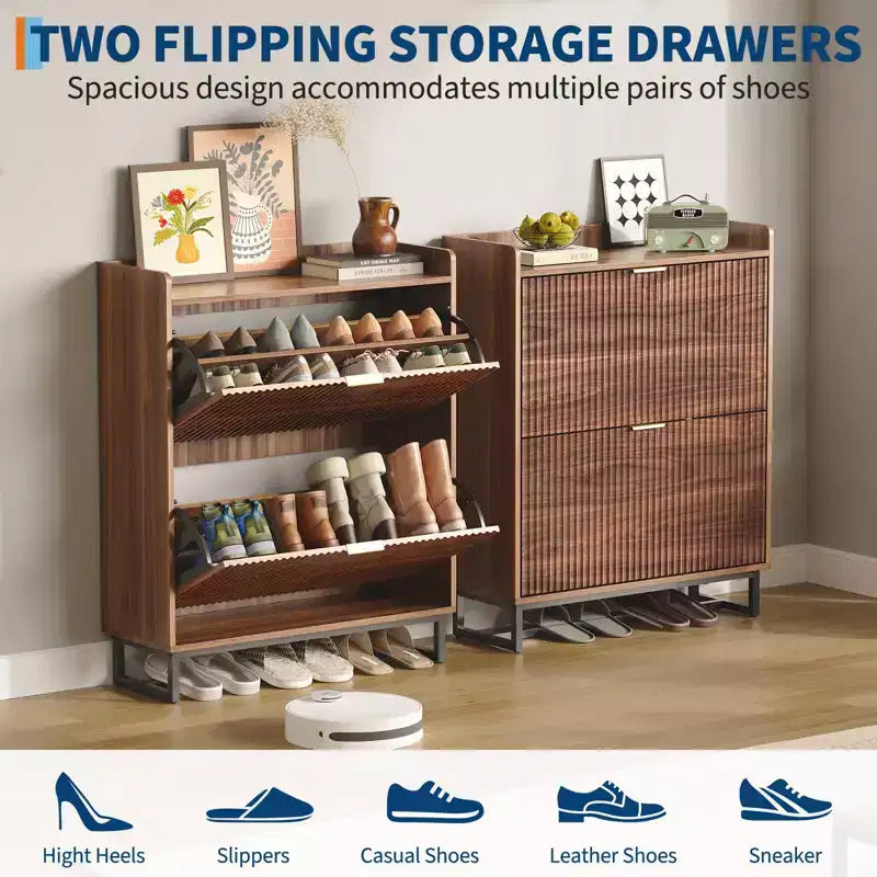 Meuble à chaussures étroit – 2 tiroirs basculants, fixation murale, noyer, capacité 12-16 paires