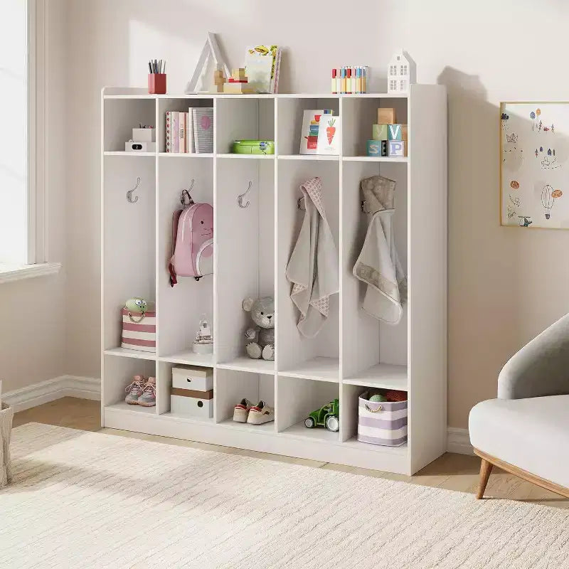 Vestiaire de classe à 5 sections avec 10 casiers et 10 crochets, organisateur de rangement blanc pour la maison, l'école, la crèche et la maternelle