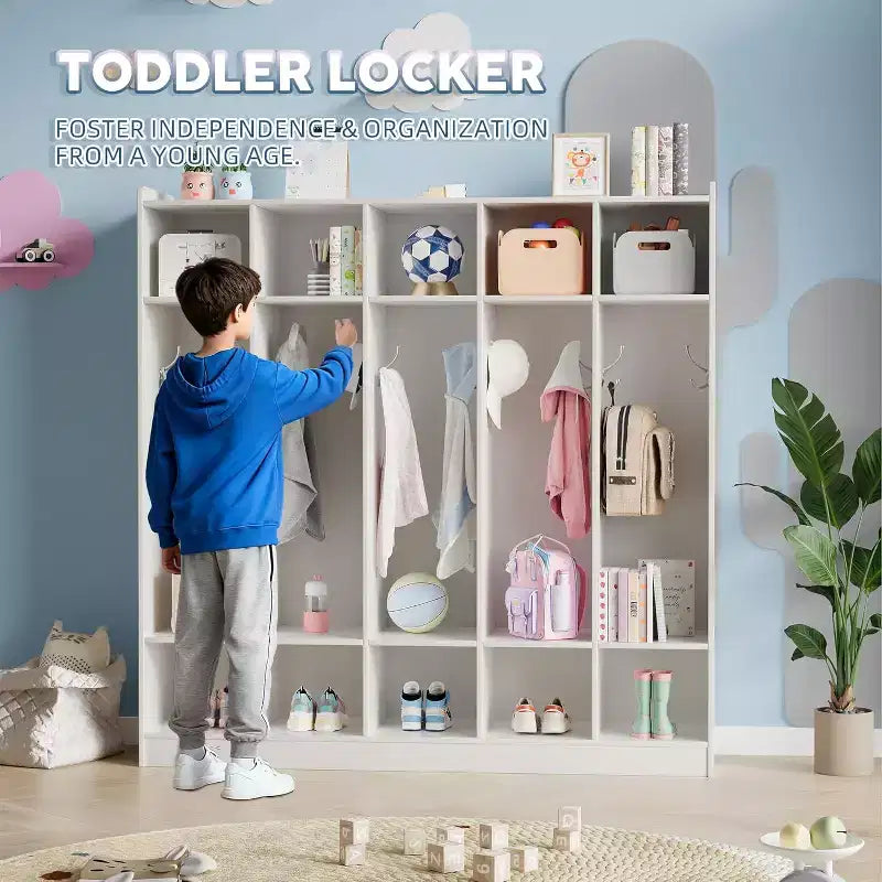 Vestiaire de classe à 5 sections avec 10 casiers et 10 crochets, organisateur de rangement blanc pour la maison, l'école, la crèche et la maternelle