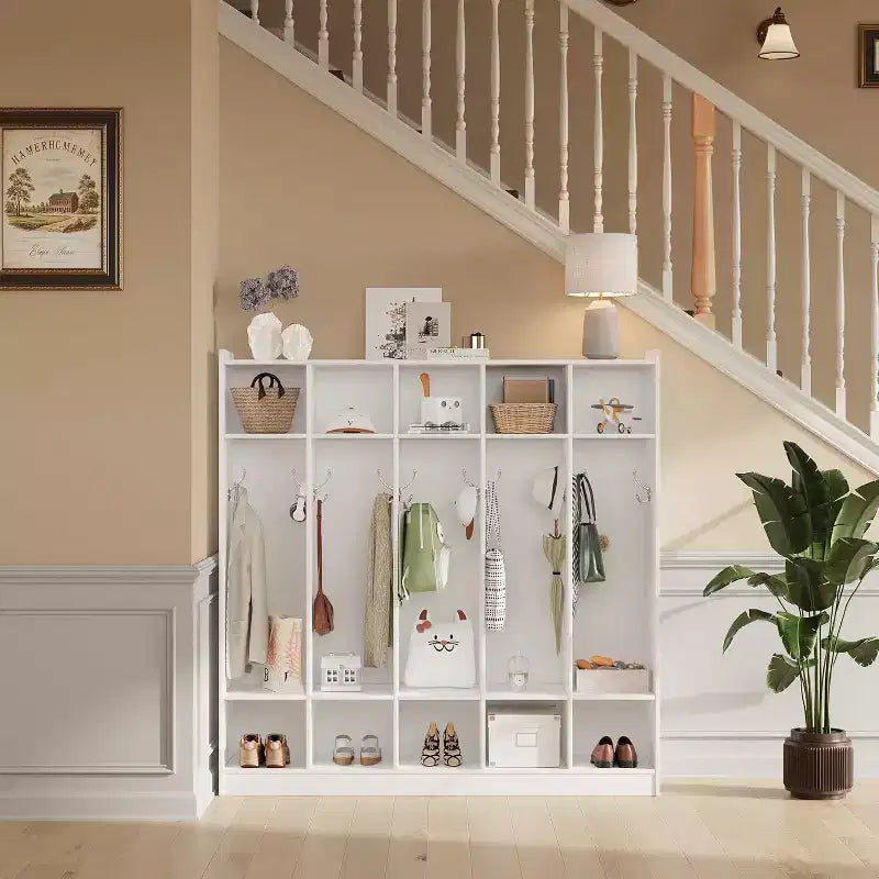 Vestiaire de classe à 5 sections avec 10 casiers et 10 crochets, organisateur de rangement blanc pour la maison, l'école, la crèche et la maternelle