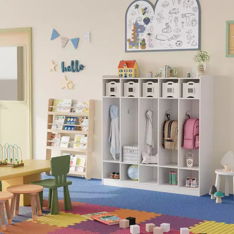 Vestiaire de classe à 5 sections avec 10 casiers et 10 crochets, organisateur de rangement blanc pour la maison, l'école, la crèche et la maternelle