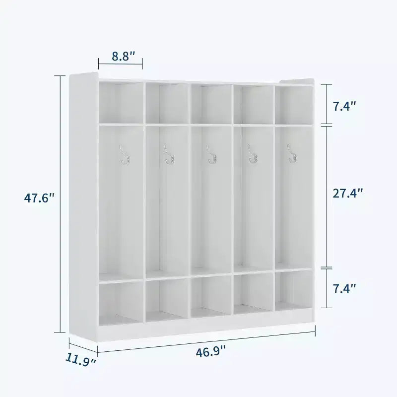 Vestiaire de classe à 5 sections avec 10 casiers et 10 crochets, organisateur de rangement blanc pour la maison, l'école, la crèche et la maternelle