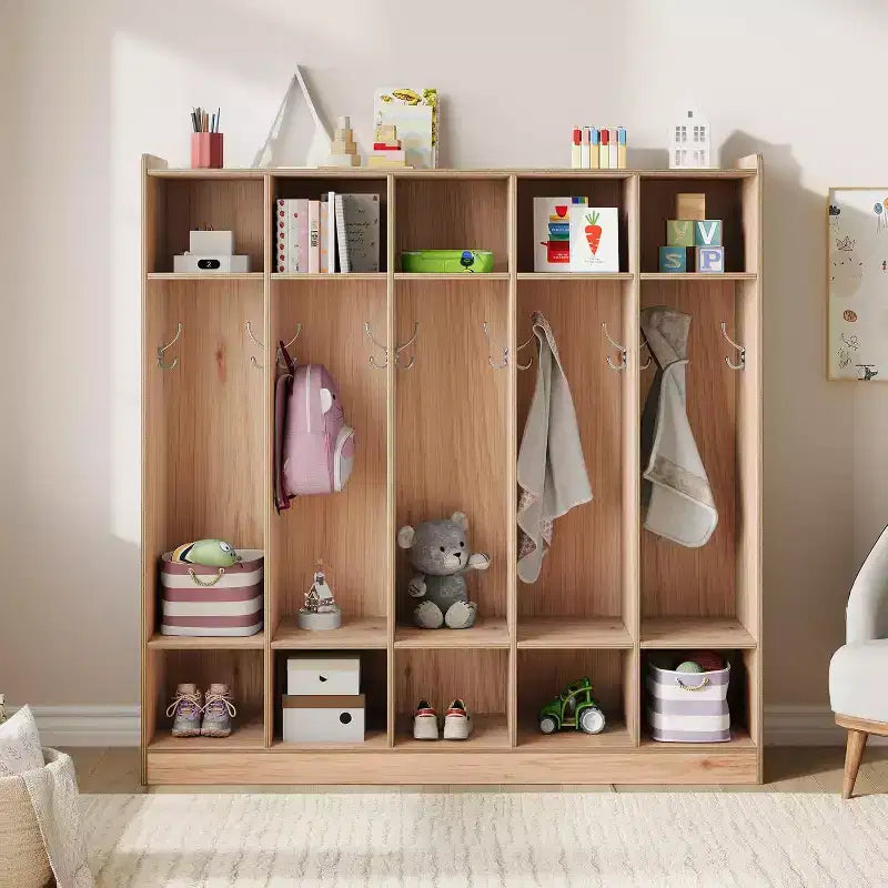 Vestiaire de classe à 5 sections avec 10 casiers et 10 crochets, organisateur de rangement blanc pour la maison, l'école, la crèche et la maternelle