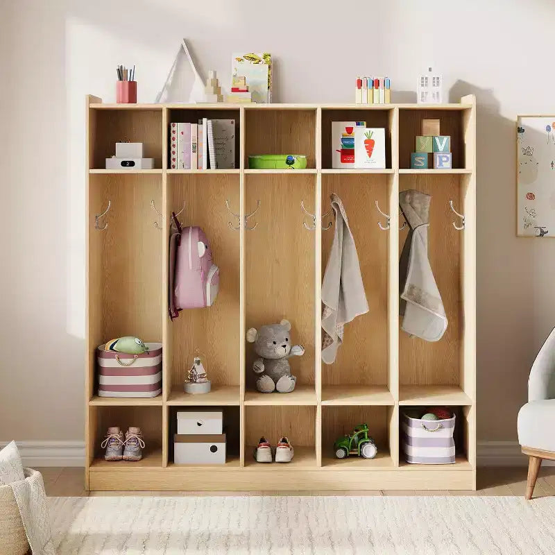 Vestiaire de classe à 5 sections avec 10 casiers et 10 crochets, organisateur de rangement blanc pour la maison, l'école, la crèche et la maternelle