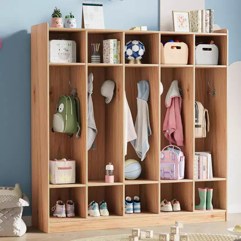 Vestiaire de classe à 5 sections avec 10 casiers et 10 crochets, organisateur de rangement blanc pour la maison, l'école, la crèche et la maternelle