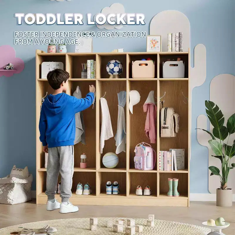 Vestiaire de classe à 5 sections avec 10 casiers et 10 crochets, organisateur de rangement blanc pour la maison, l'école, la crèche et la maternelle