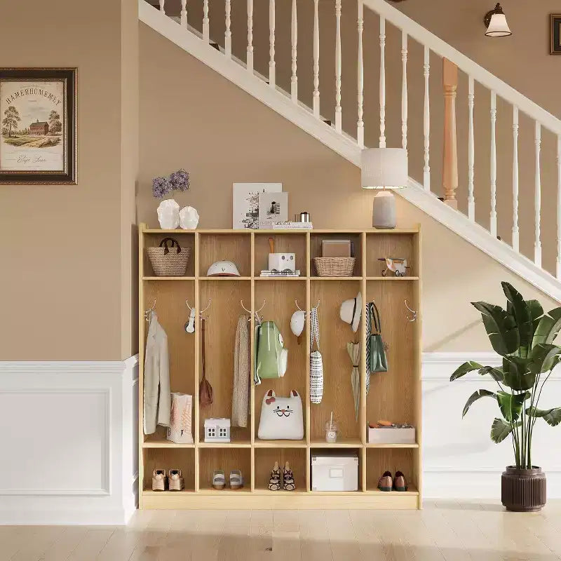 Vestiaire de classe à 5 sections avec 10 casiers et 10 crochets, organisateur de rangement blanc pour la maison, l'école, la crèche et la maternelle