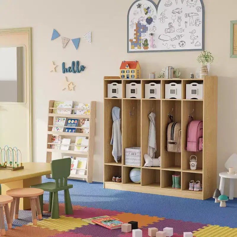 Vestiaire de classe à 5 sections avec 10 casiers et 10 crochets, organisateur de rangement blanc pour la maison, l'école, la crèche et la maternelle