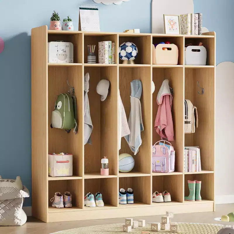 Vestiaire de classe à 5 sections avec 10 casiers et 10 crochets, organisateur de rangement blanc pour la maison, l'école, la crèche et la maternelle
