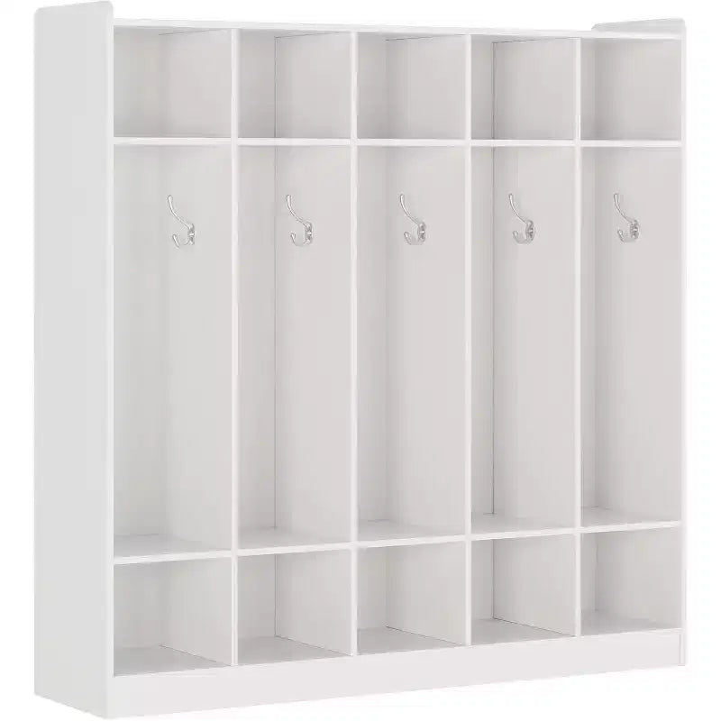 Vestiaire de classe à 5 sections avec 10 casiers et 10 crochets, organisateur de rangement blanc pour la maison, l'école, la crèche et la maternelle
