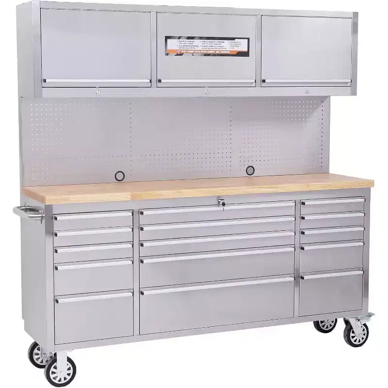 72 inch Tool Chest with Wheels, Garage Workbench, Solid Rubber Wood Top & with Lock Key Locking, Mobile Workstation Tool Cabinet for Workshop Storage
