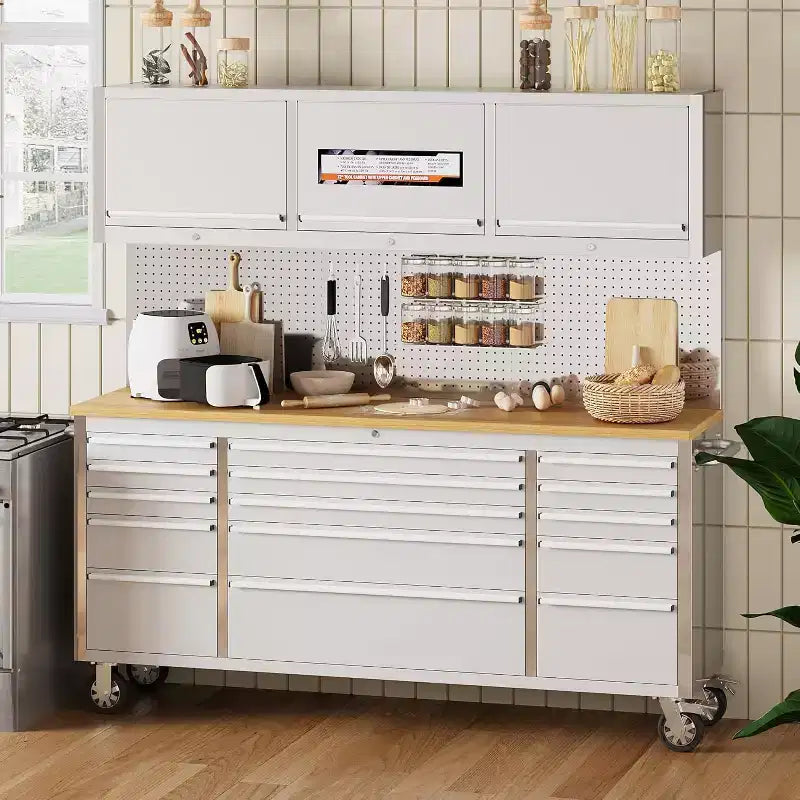 Établi-coffre à outils mobile de 72 po avec roues, plateau en bois de caoutchouc et serrure – Rangement d'atelier