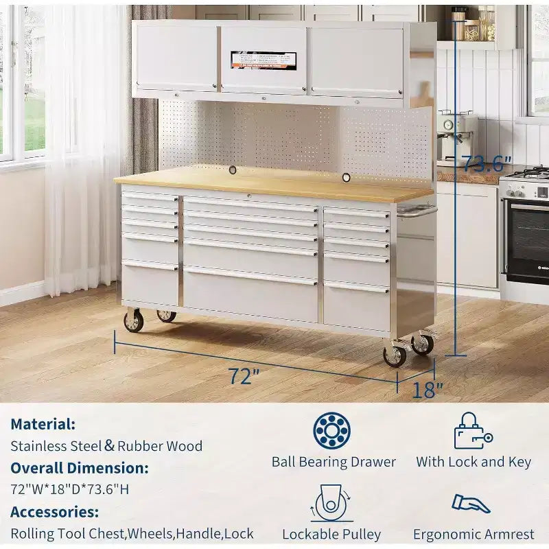 Établi-coffre à outils mobile de 72 po avec roues, plateau en bois de caoutchouc et serrure – Rangement d'atelier
