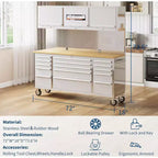 Établi-coffre à outils mobile de 72 po avec roues, plateau en bois de caoutchouc et serrure – Rangement d'atelier