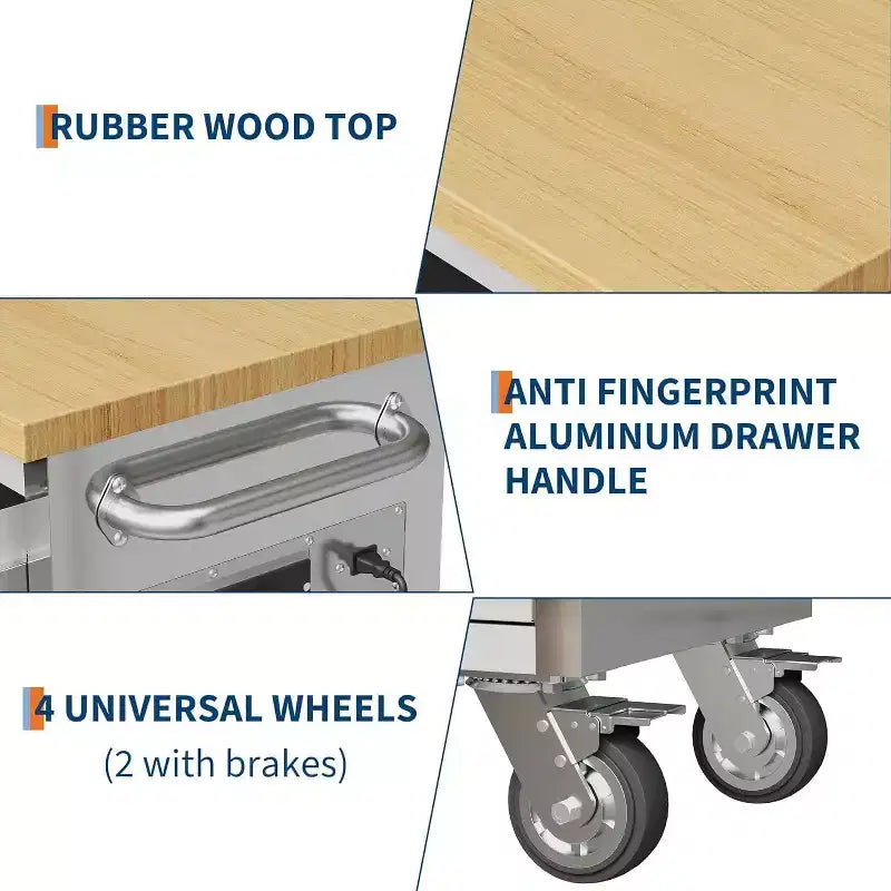 Établi-coffre à outils mobile de 72 po avec roues, plateau en bois de caoutchouc et serrure – Rangement d'atelier