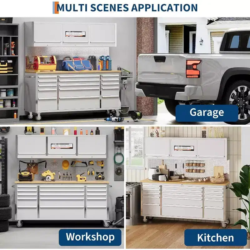 Établi-coffre à outils mobile de 72 po avec roues, plateau en bois de caoutchouc et serrure – Rangement d'atelier