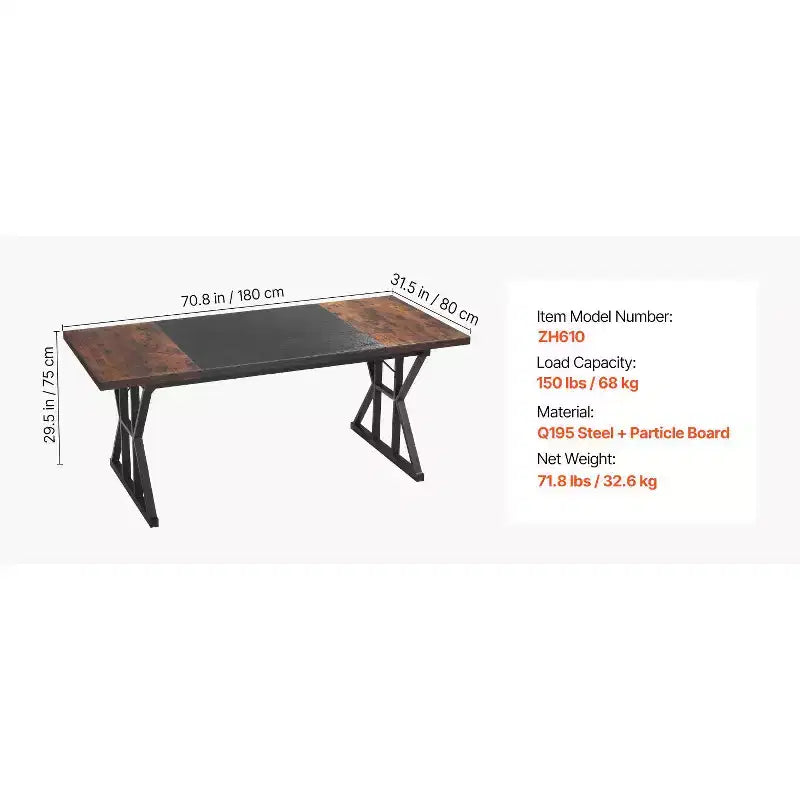 Bureau de Direction 180x80cm – Grand Bureau d'Ordinateur pour Bureau à Domicile, Cadre en Bois et Métal