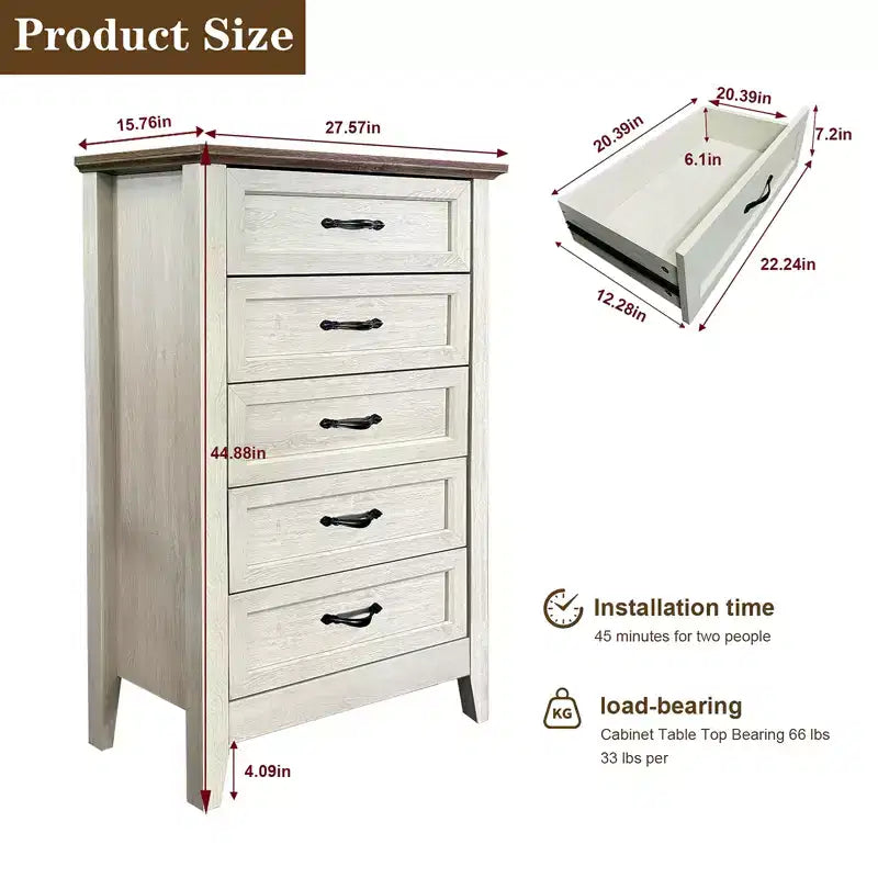 Commode à 5 tiroirs – Rangement chambre et couloir, Plateau en bois et cadre en métal