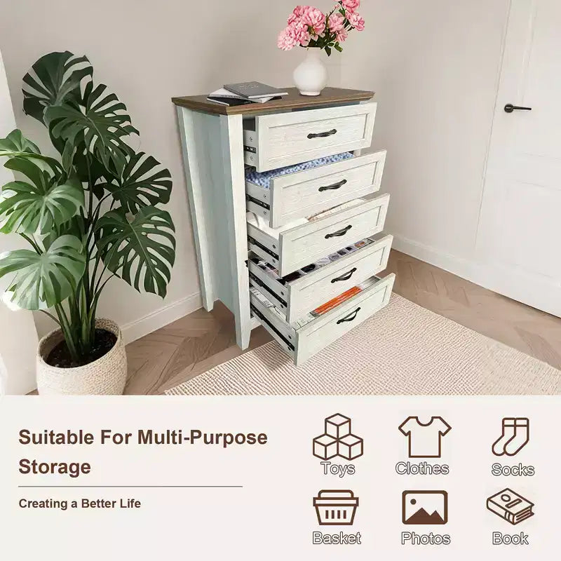 Commode à 5 tiroirs – Rangement chambre et couloir, Plateau en bois et cadre en métal