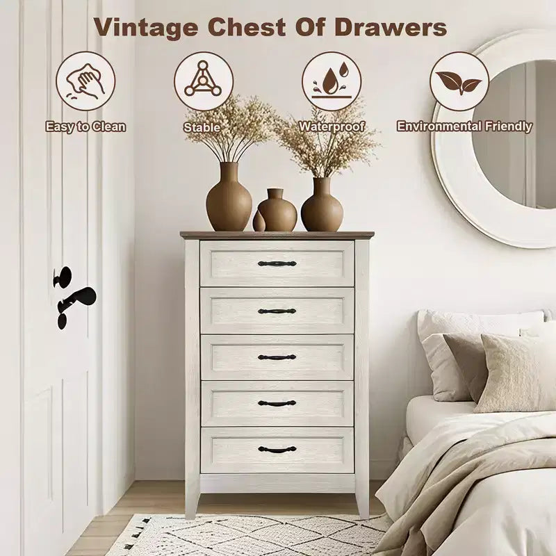 Commode à 5 tiroirs – Rangement chambre et couloir, Plateau en bois et cadre en métal