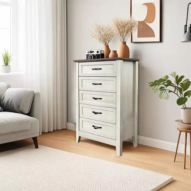 Commode à 5 tiroirs – Rangement chambre et couloir, Plateau en bois et cadre en métal