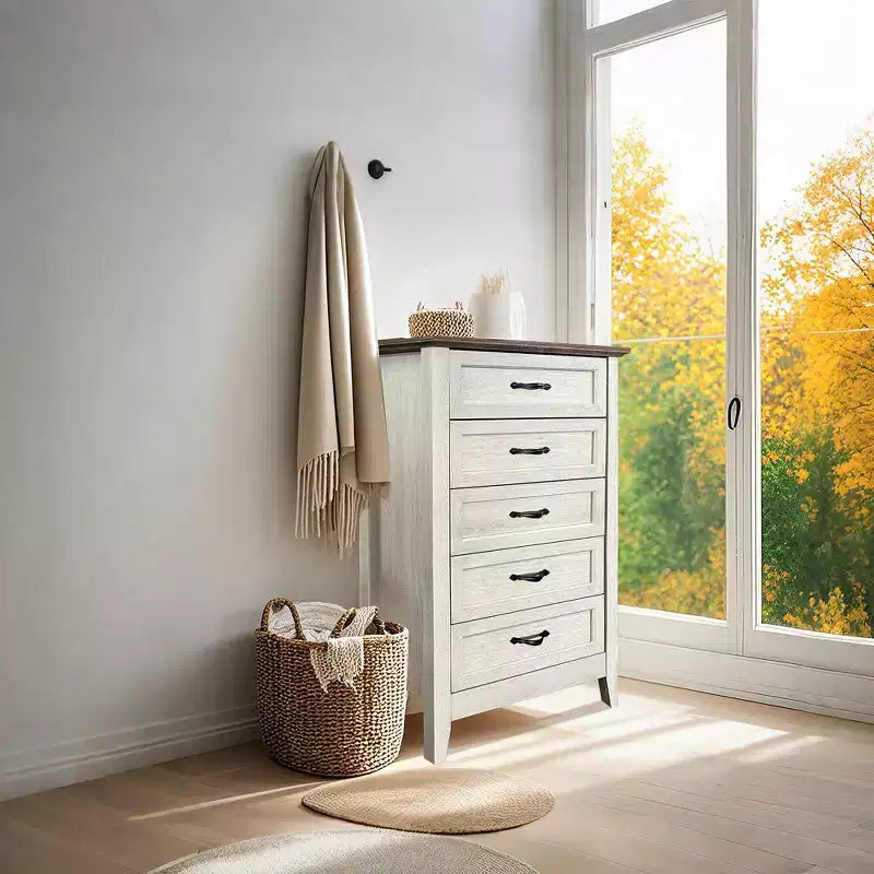 Commode à 5 tiroirs – Rangement chambre et couloir, Plateau en bois et cadre en métal