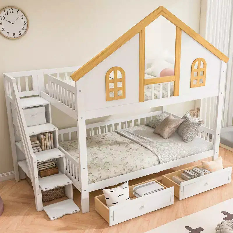 Whisen Twin Size Bunk Bed with Window Door and Roof, Storage Drawers and Staircase