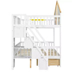 Lit superposé cabane de taille double avec fenêtre, porte, tiroirs de rangement et escalier