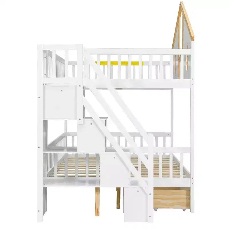 Lit superposé cabane de taille double avec fenêtre, porte, tiroirs de rangement et escalier
