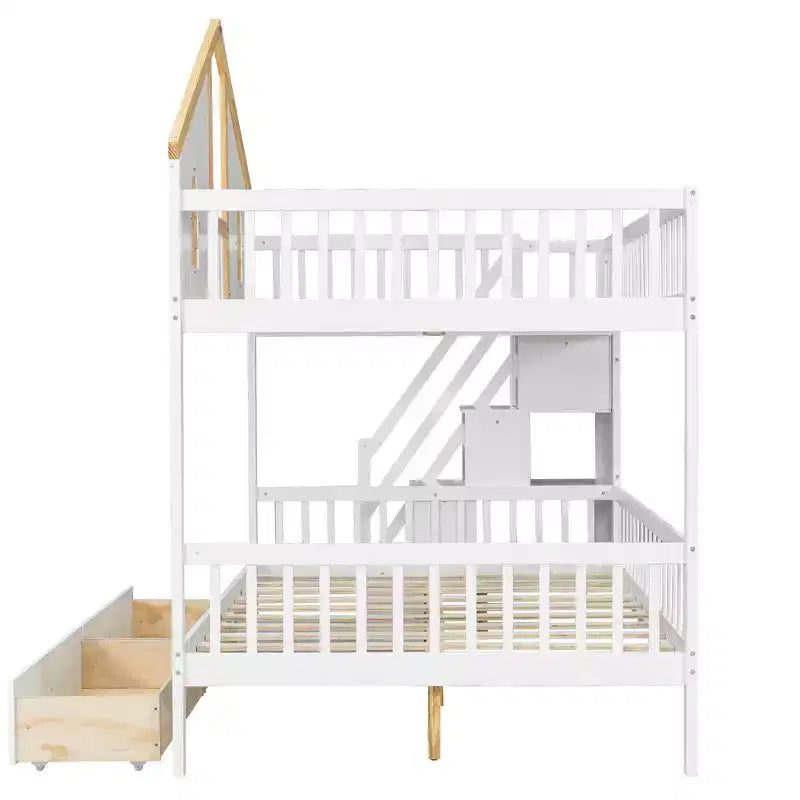 Lit superposé cabane de taille double avec fenêtre, porte, tiroirs de rangement et escalier