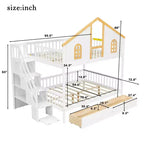 Lit superposé cabane de taille double avec fenêtre, porte, tiroirs de rangement et escalier