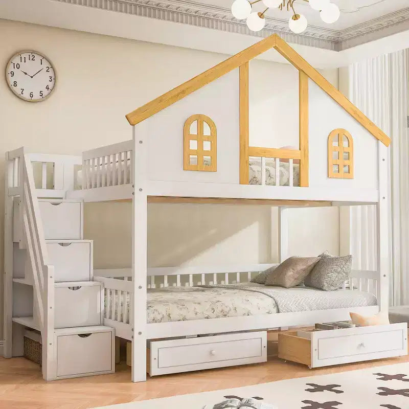 Lit superposé cabane de taille double avec fenêtre, porte, tiroirs de rangement et escalier