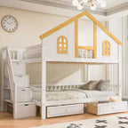 Lit superposé cabane de taille double avec fenêtre, porte, tiroirs de rangement et escalier