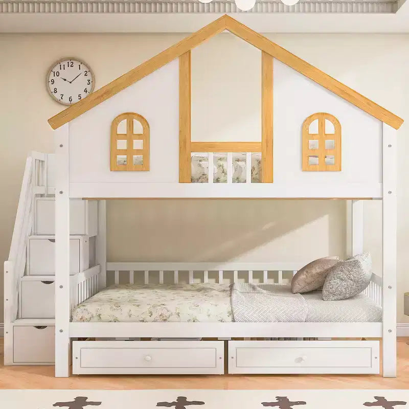 Lit superposé cabane de taille double avec fenêtre, porte, tiroirs de rangement et escalier