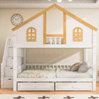 Lit superposé cabane de taille double avec fenêtre, porte, tiroirs de rangement et escalier