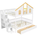 Lit superposé cabane de taille double avec fenêtre, porte, tiroirs de rangement et escalier