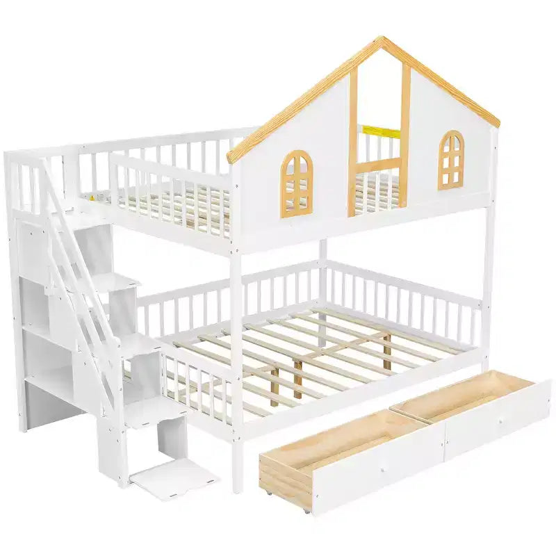 Lit superposé cabane de taille double avec fenêtre, porte, tiroirs de rangement et escalier