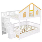Lit superposé cabane de taille double avec fenêtre, porte, tiroirs de rangement et escalier
