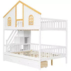 Lit superposé cabane de taille double avec fenêtre, porte, tiroirs de rangement et escalier
