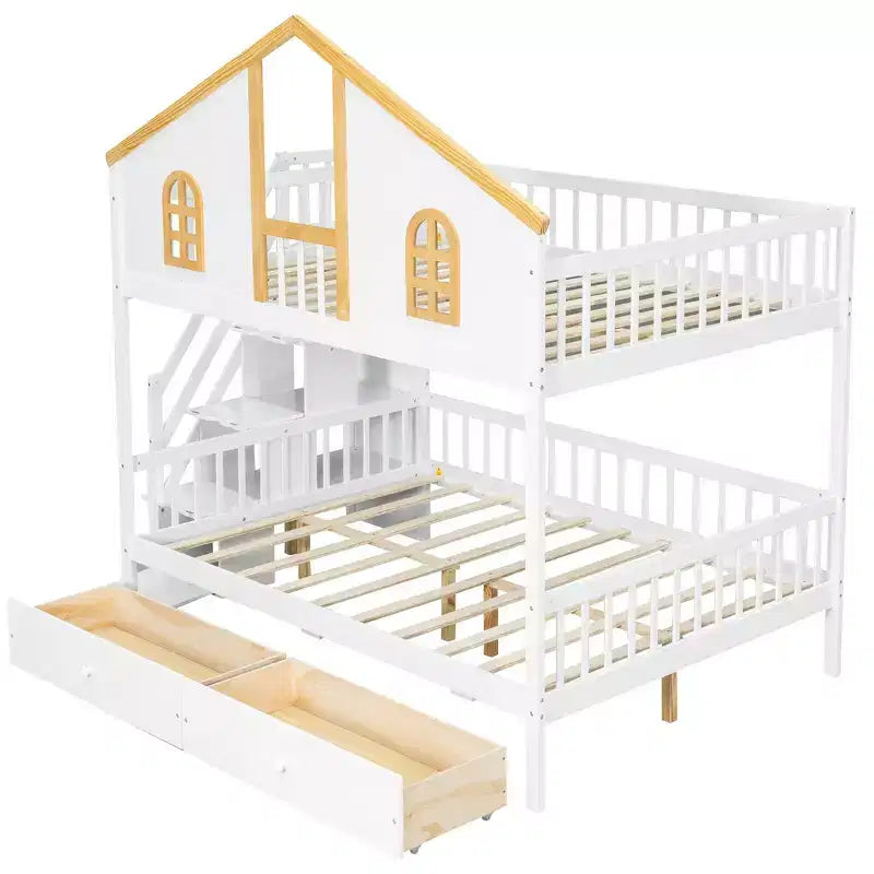 Lit superposé cabane de taille double avec fenêtre, porte, tiroirs de rangement et escalier