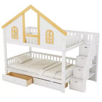 Lit superposé cabane de taille double avec fenêtre, porte, tiroirs de rangement et escalier