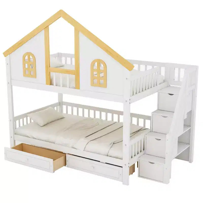 Lit superposé cabane de taille double avec fenêtre, porte, tiroirs de rangement et escalier