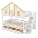 Lit superposé cabane de taille double avec fenêtre, porte, tiroirs de rangement et escalier