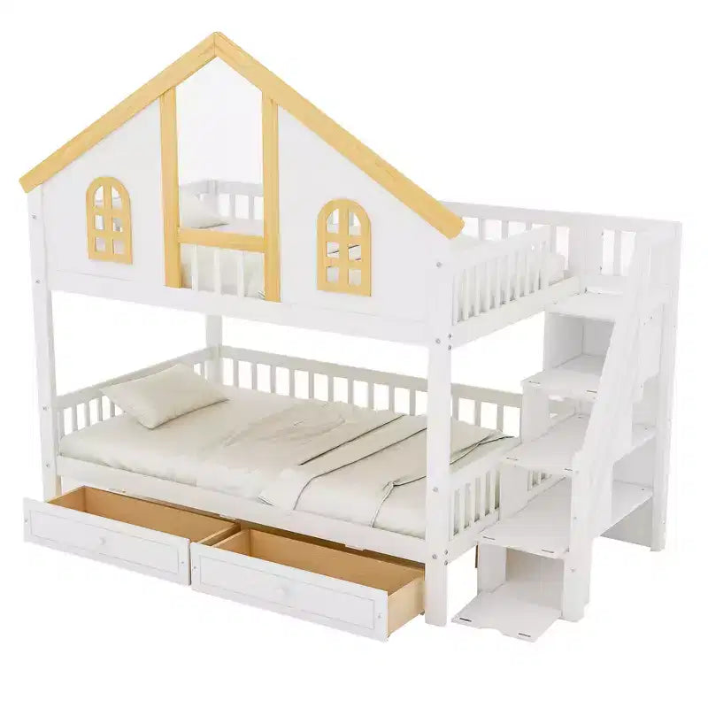 Lit superposé cabane de taille double avec fenêtre, porte, tiroirs de rangement et escalier