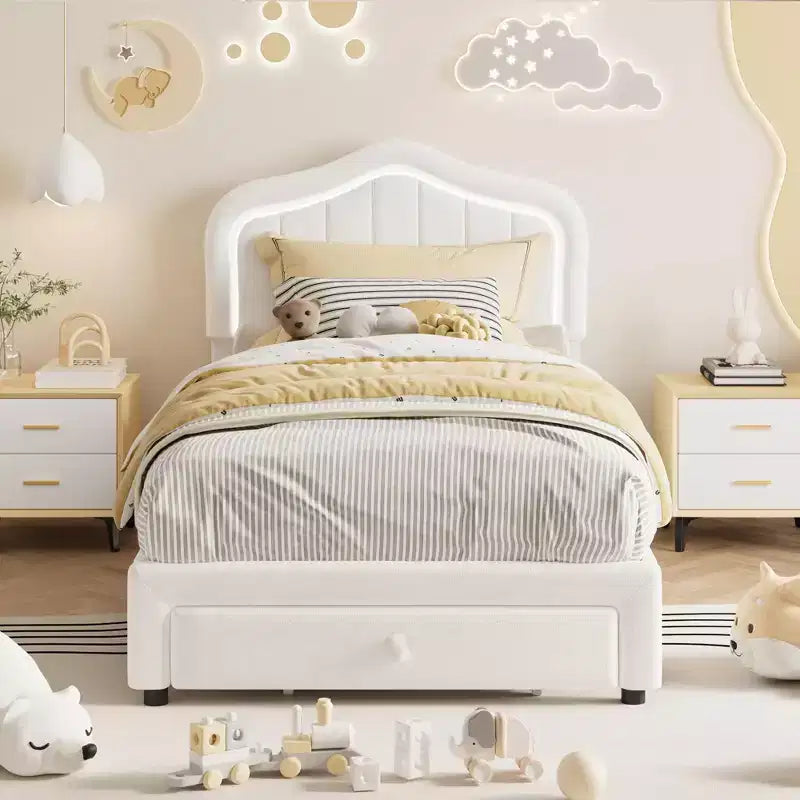 Upholstered Bed Frame with Storage Drawer and Smart Led Headboard, Twin Size Platform Bed Frames for Kids, Wooden Slats Support, No Box Spring Needed