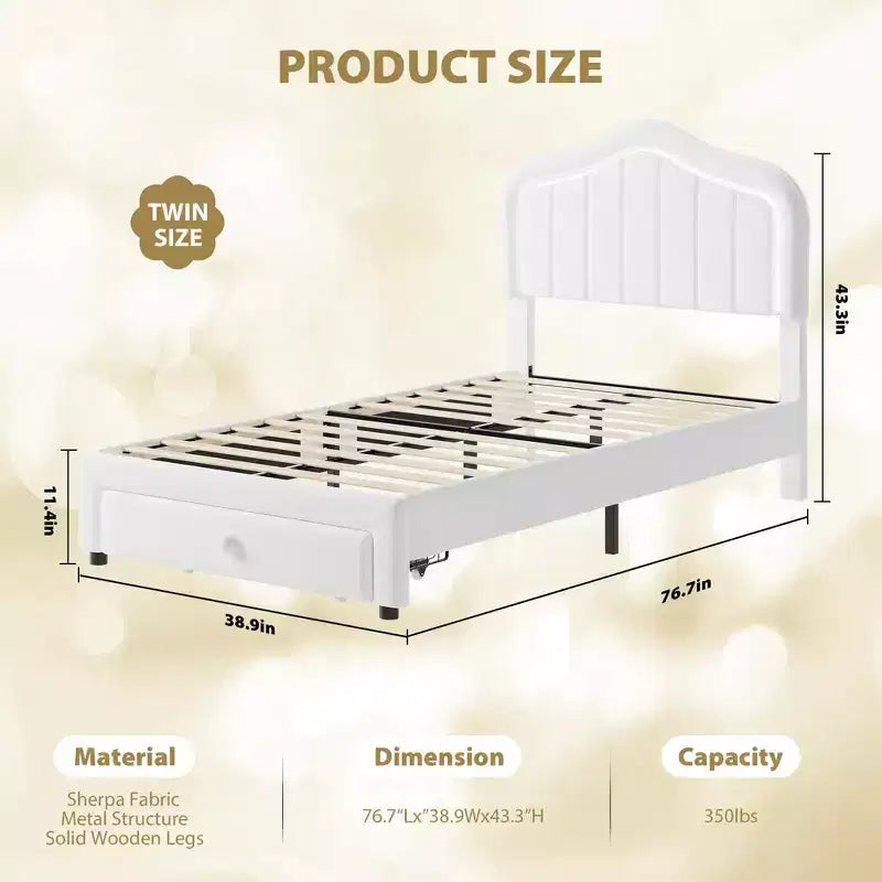 Lit plateforme double avec tête de lit LED et tiroir de rangement – Enfants, sans sommier tapissier